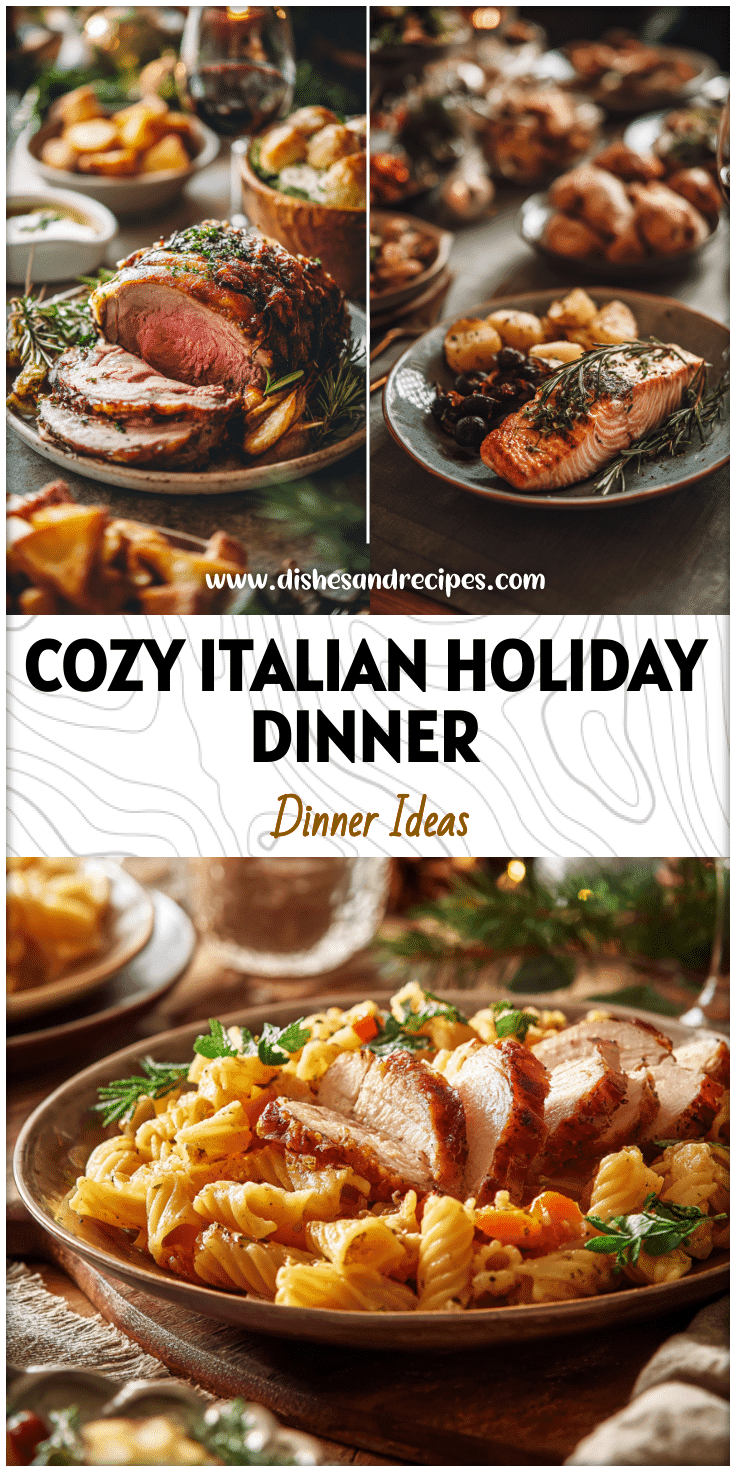 Rustic Italian dishes and wine on a Christmas table showing Creative Christmas Dinner Ideas for a cozy gathering.