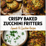 Crispy Baked Zucchini Fritters for Healthy Veggie Lovers 5 Golden baked zucchini fritters served with yogurt dip as a healthy veggie based recipe.