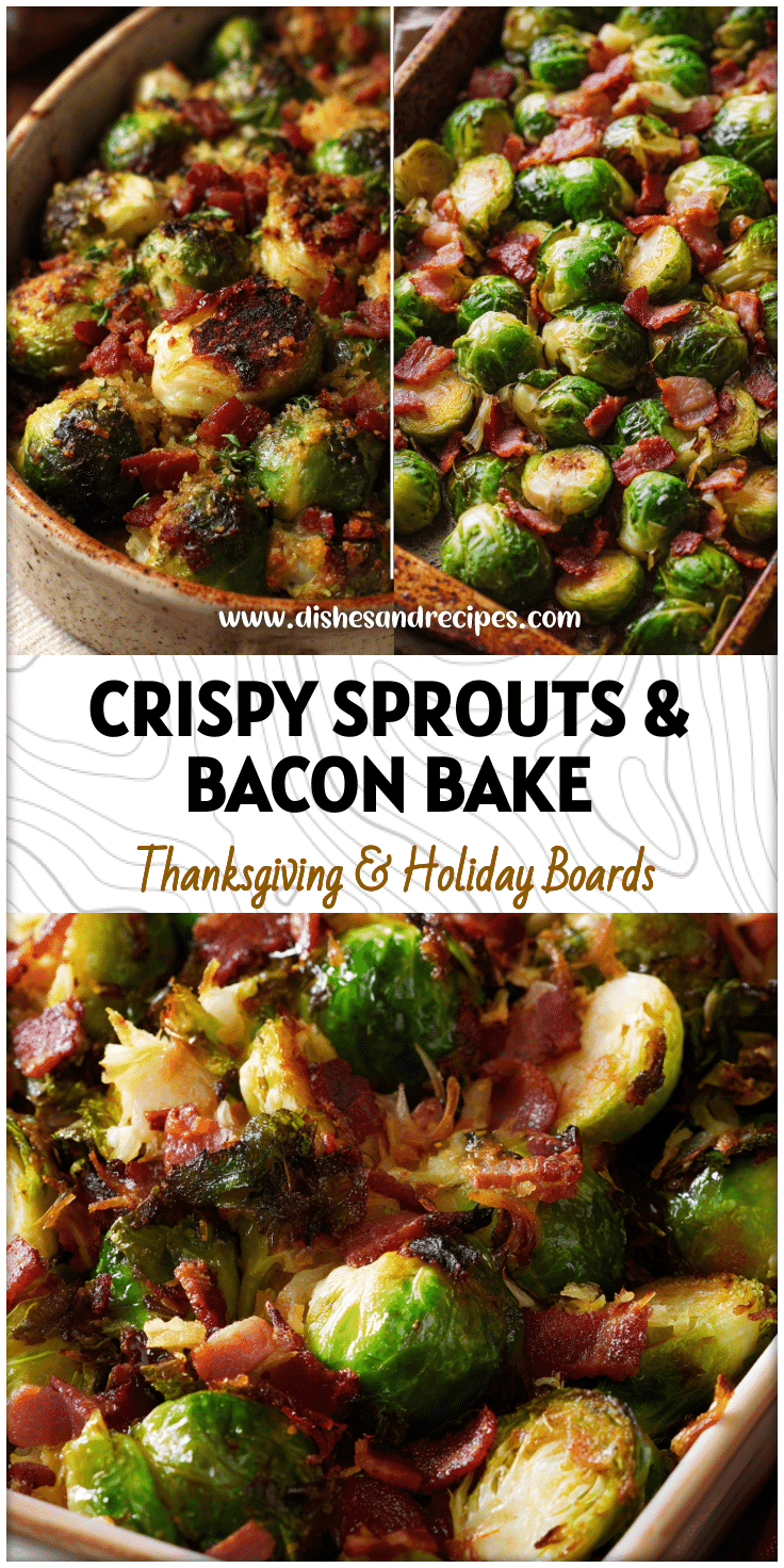 Crispy roasted Brussels sprouts mixed with smoky bacon pieces in a rustic fall baking dish