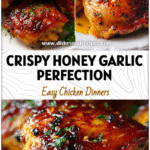 Golden Air Fryer Honey Garlic Chicken Thighs with glossy glaze and crispy edges on a white plate.