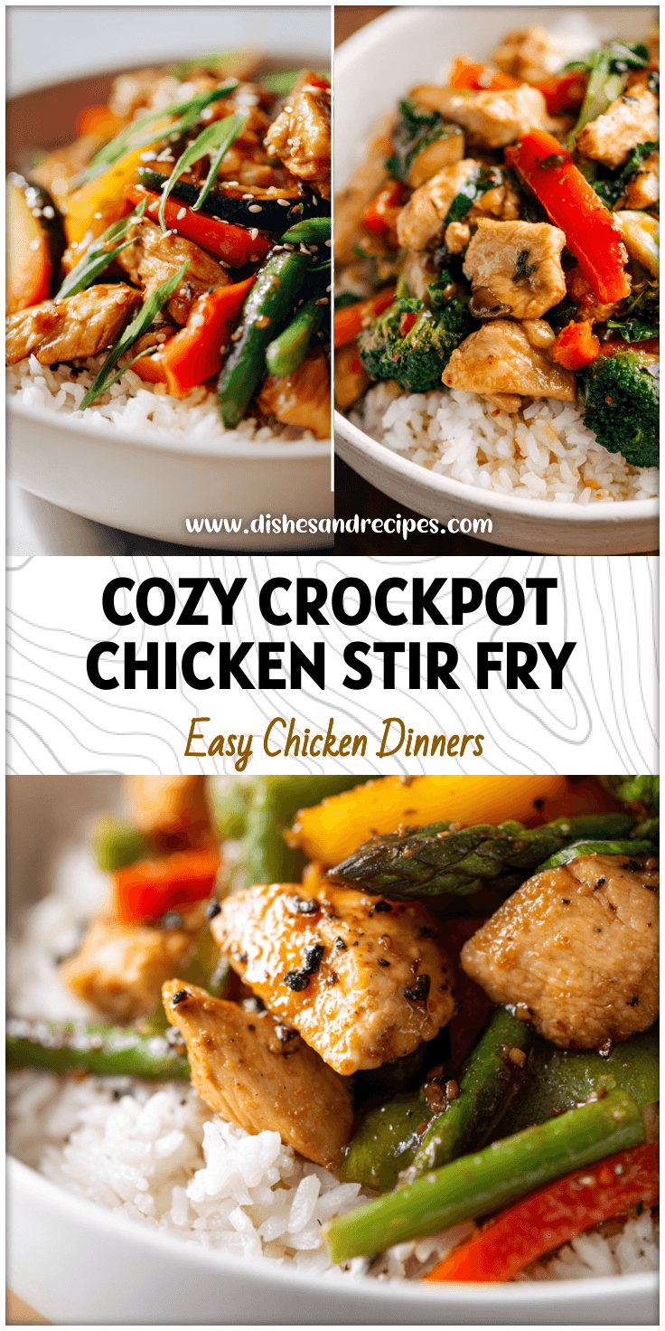 Crockpot chicken and vegetable stir fry served over rice in a white bowl.