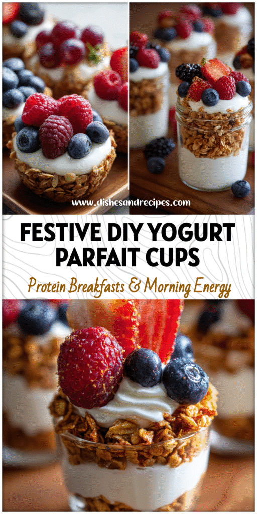 Home 36 Diy Parfait Cups with Greek yogurt, granola, and berries arranged for a Christmas Yogurt Parfait brunch.