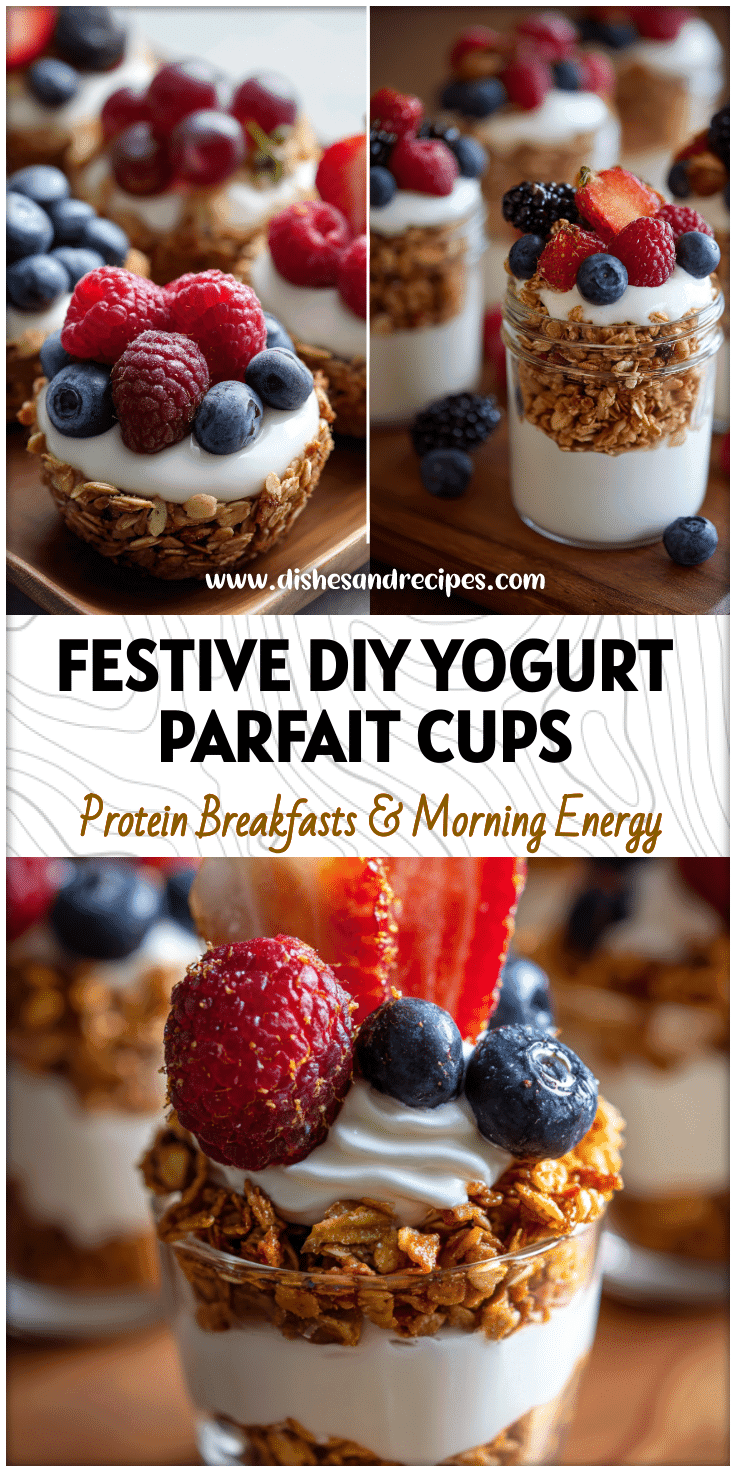 Diy Parfait Cups with Greek yogurt, granola, and berries arranged for a Christmas Yogurt Parfait brunch.