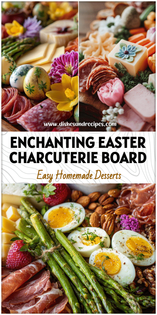 Easter Brunch Charcuterie Board styled with woodland details, featuring colorful cheeses, meats, and spring garnishes.