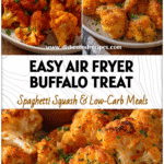 Easy Air Fryer Buffalo Cauliflower | Recette Santé Dîner Légère 5 Plate of spicy air fryer cauliflower florets garnished with parsley and dipping sauce on the side.