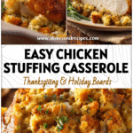 Baked chicken with golden stuffing on top served in a casserole dish, perfect for winter comfort dinners.