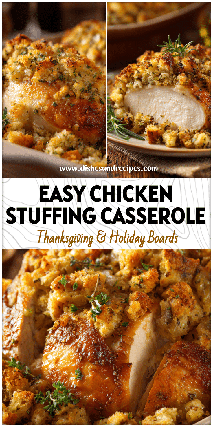 Baked chicken with golden stuffing on top served in a casserole dish, perfect for winter comfort dinners.