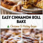 Golden Easy Breakfast Cinnamon Roll Casserole baked in a dish with icing drizzle and cinnamon swirl center