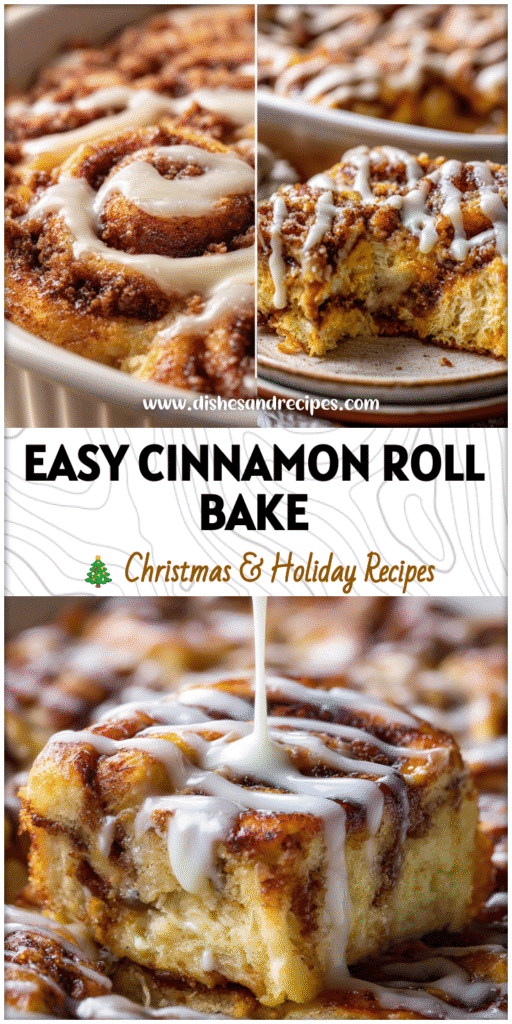 Home 19 Golden Easy Breakfast Cinnamon Roll Casserole baked in a dish with icing drizzle and cinnamon swirl center