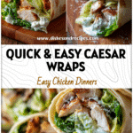 Close-up of Chicken Caesar Wraps with grilled chicken, fresh romaine, and parmesan on a wooden board