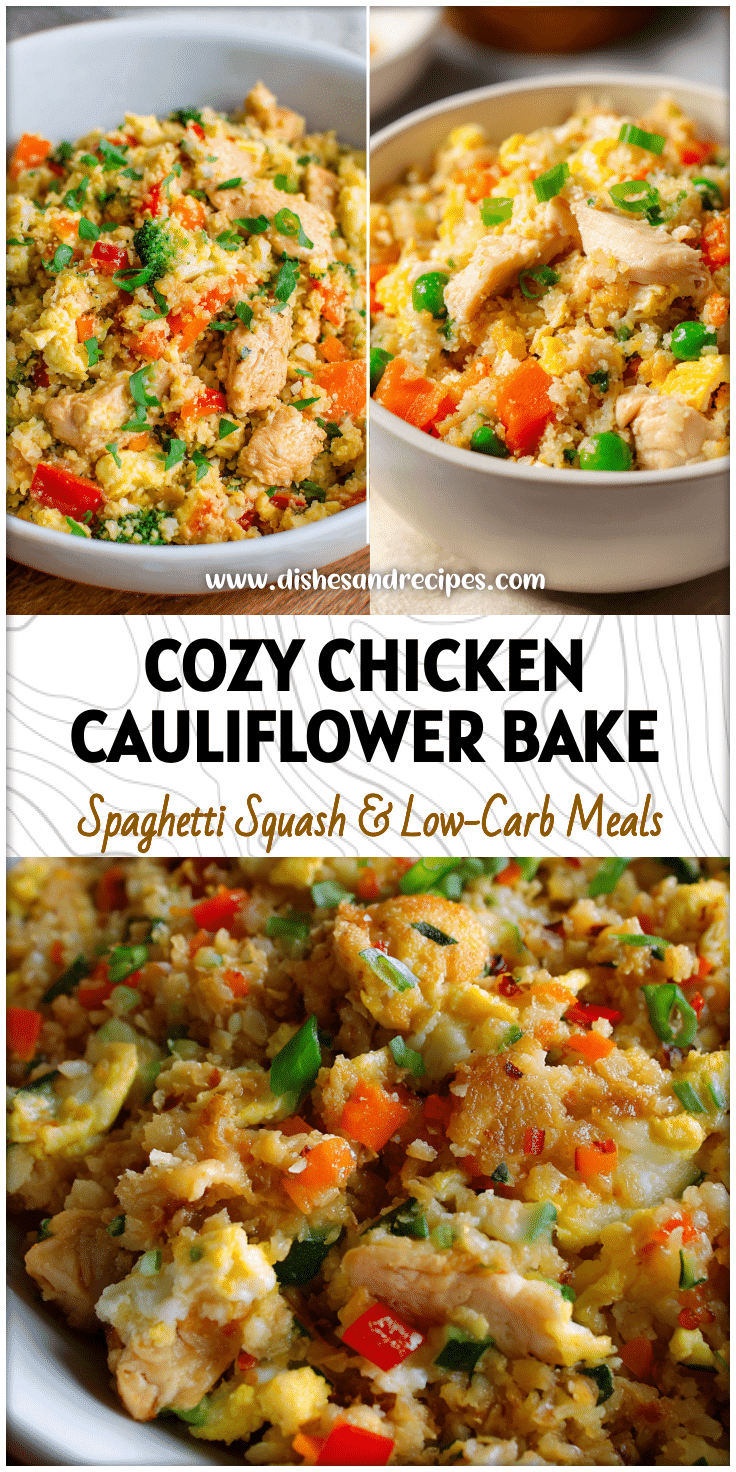 Bowl of Easy Chicken Cauliflower Casserole filled with shredded chicken, eggs, and colorful veggies on cauliflower rice.