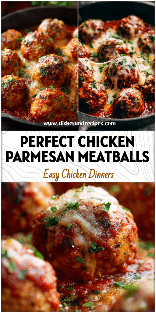 Golden Chicken Parmesan Meatballs with marinara sauce served in a skillet topped with melted cheese.