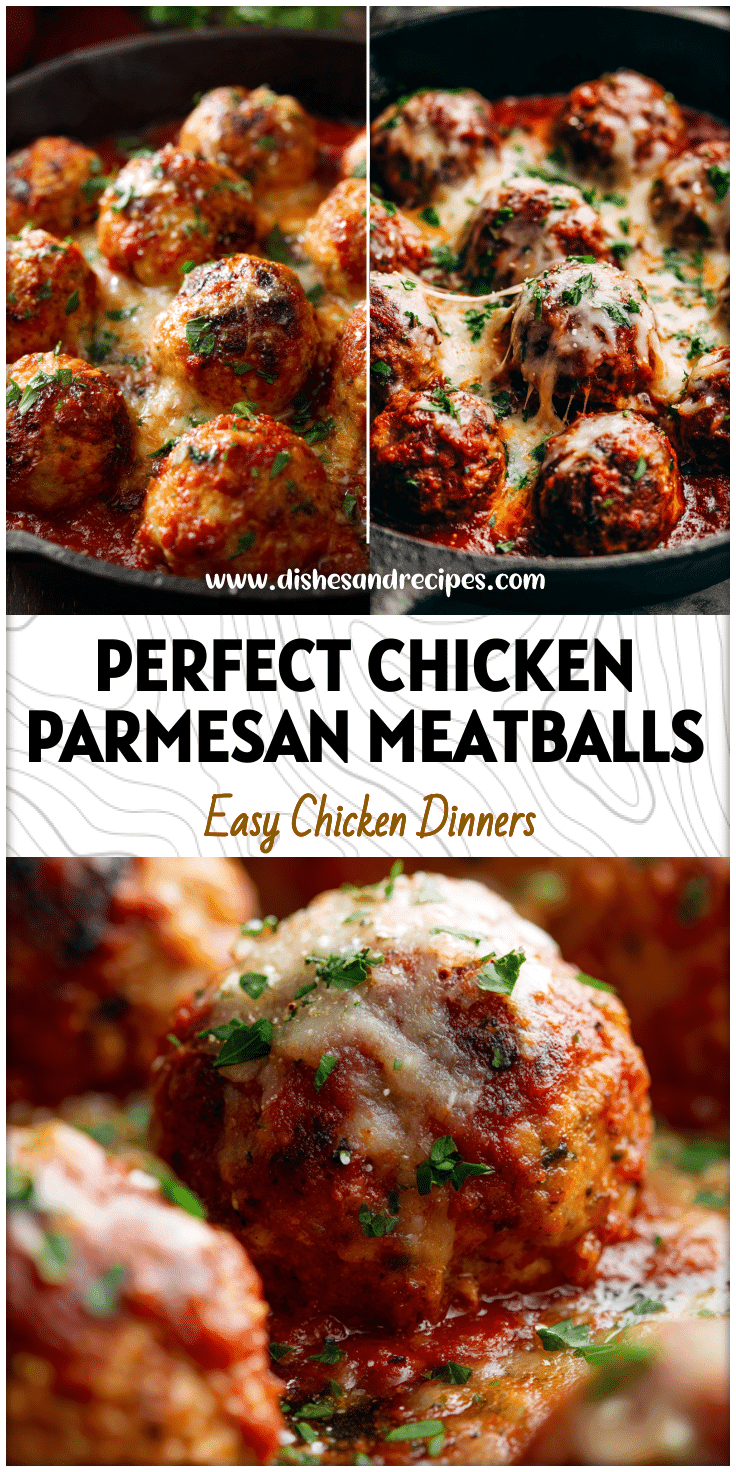 Golden Chicken Parmesan Meatballs with marinara sauce served in a skillet topped with melted cheese.