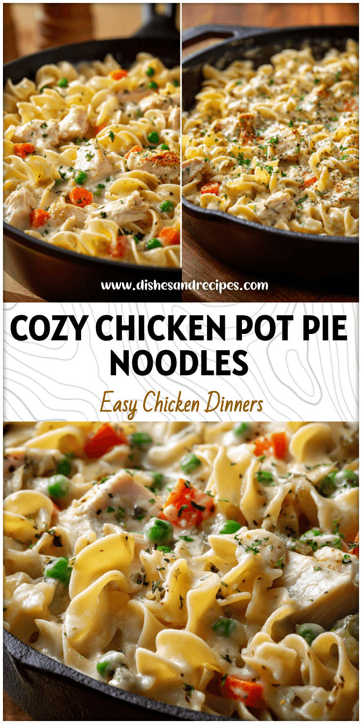 A creamy skillet of Chicken Pot Pie Noodles with vegetables and tender chicken in a rich sauce.
