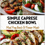 Plate of Chicken And Caprese Salad with basil, mozzarella, juicy tomatoes, and balsamic dressing drizzle.