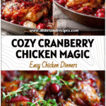 Baked chicken with cranberries and onions in a rustic pan for cozy fall dinner.