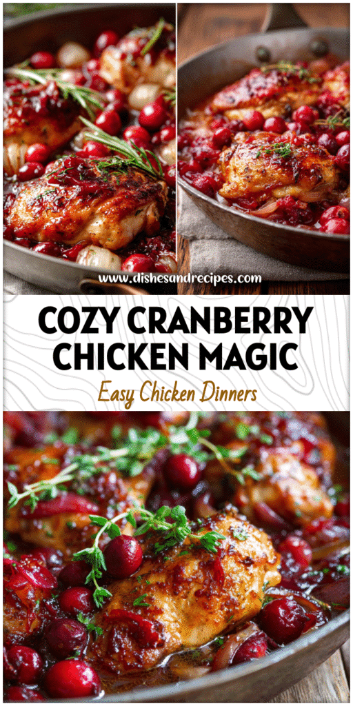 Home 34 Baked chicken with cranberries and onions in a rustic pan for cozy fall dinner.