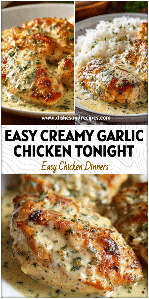 Home 32 Plate of Easy Creamy Garlic Chicken Dinner with golden chicken breasts in creamy garlic sauce and herbs.