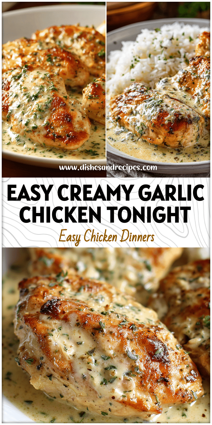 Plate of Easy Creamy Garlic Chicken Dinner with golden chicken breasts in creamy garlic sauce and herbs.