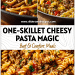 One-skillet cheesy beef pasta with browned ground beef, noodles, and melted cheese served hot