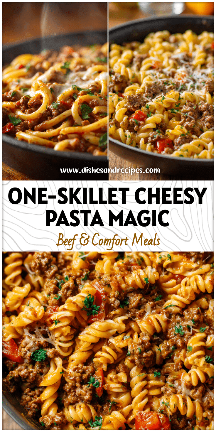 One-skillet cheesy beef pasta with browned ground beef, noodles, and melted cheese served hot