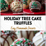 Easy Little Debbie Tree Cake Truffles for Holiday Parties 5 Close-up of homemade Little Debbie Tree Cake truffles on red holiday platter with sprinkles.