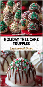 Home 5 Close-up of homemade Little Debbie Tree Cake truffles on red holiday platter with sprinkles.