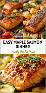 Sheet pan maple dijon glazed salmon baked with vegetables for a healthy maple salmon dish.