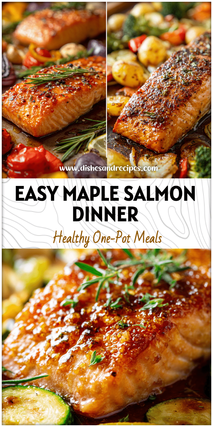 Sheet pan maple dijon glazed salmon baked with vegetables for a healthy maple salmon dish.