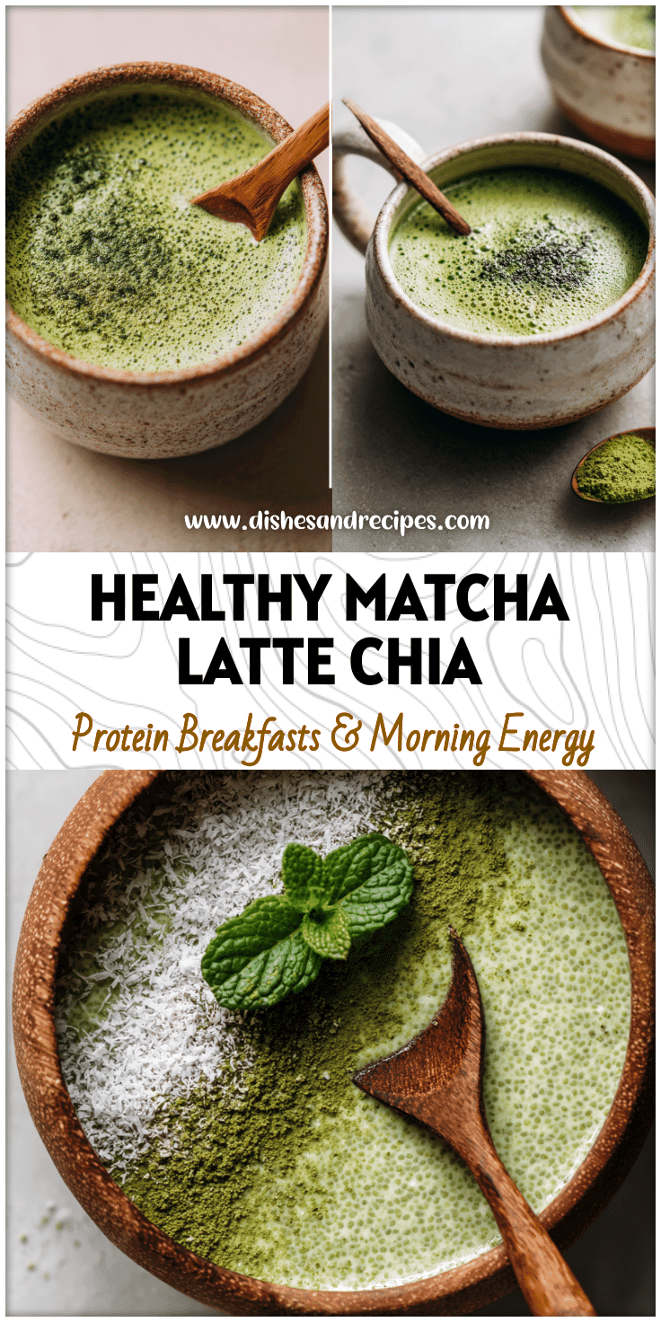 Bowl of green Matcha Latte Chia Pudding with coconut milk and spoon on a light background
