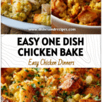 One Dish Chicken Bake topped with golden brown stuffing and tender baked chicken pieces