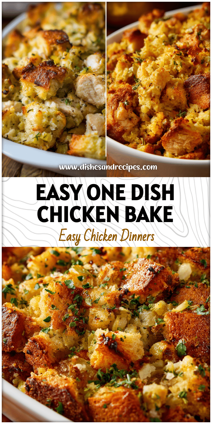 One Dish Chicken Bake topped with golden brown stuffing and tender baked chicken pieces