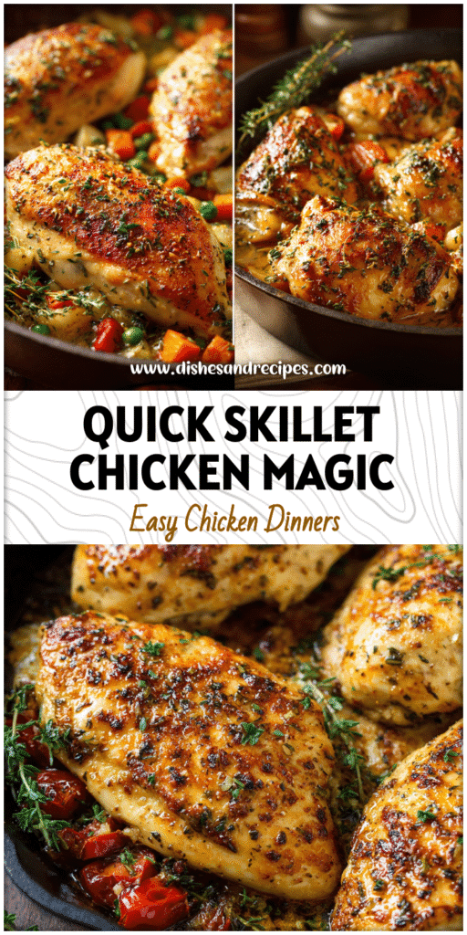 Home 34 Golden skillet baked chicken with herbs and vegetables perfect for easy weeknight meals.