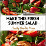 Close-up of spinach strawberry salad with pecans and balsamic glaze served in a white bowl.