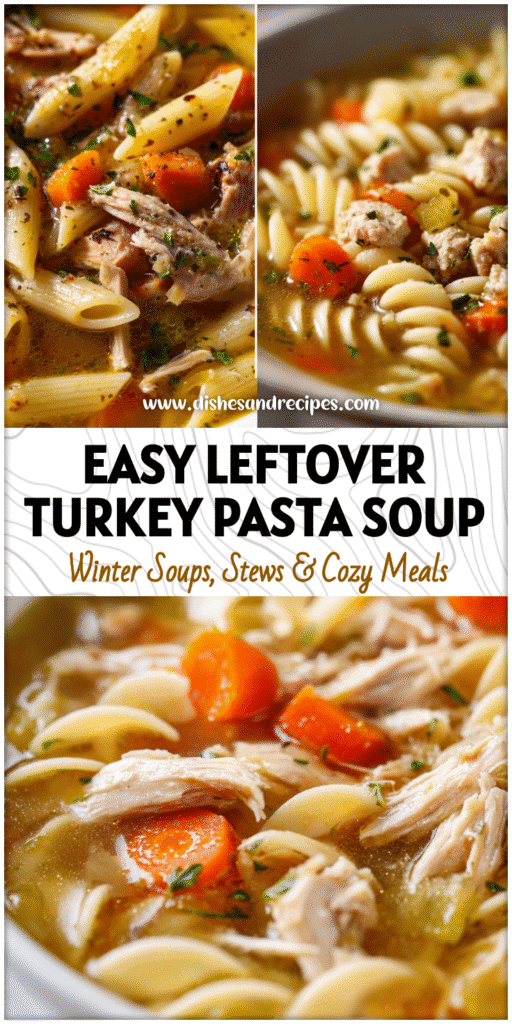 Hearty bowl of Turkey Pasta Soup with noodles, carrots, and leftover Thanksgiving turkey pieces.