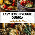 Colorful vegan quinoa salad with roasted vegetables and a drizzle of lemon dressing in a rustic bowl.