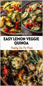 Sylvie Carroway 4 Colorful vegan quinoa salad with roasted vegetables and a drizzle of lemon dressing in a rustic bowl.