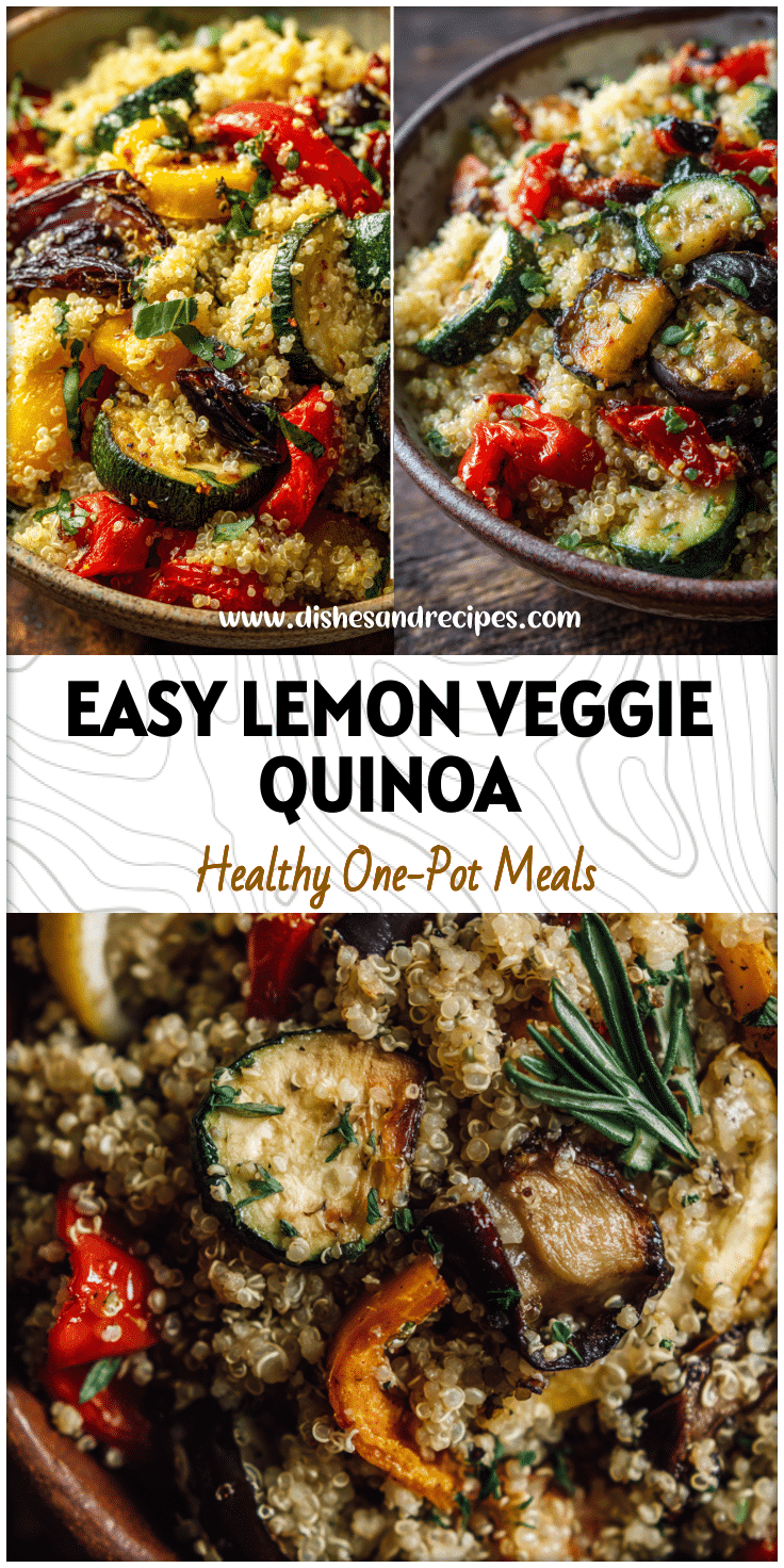 Colorful vegan quinoa salad with roasted vegetables and a drizzle of lemon dressing in a rustic bowl.