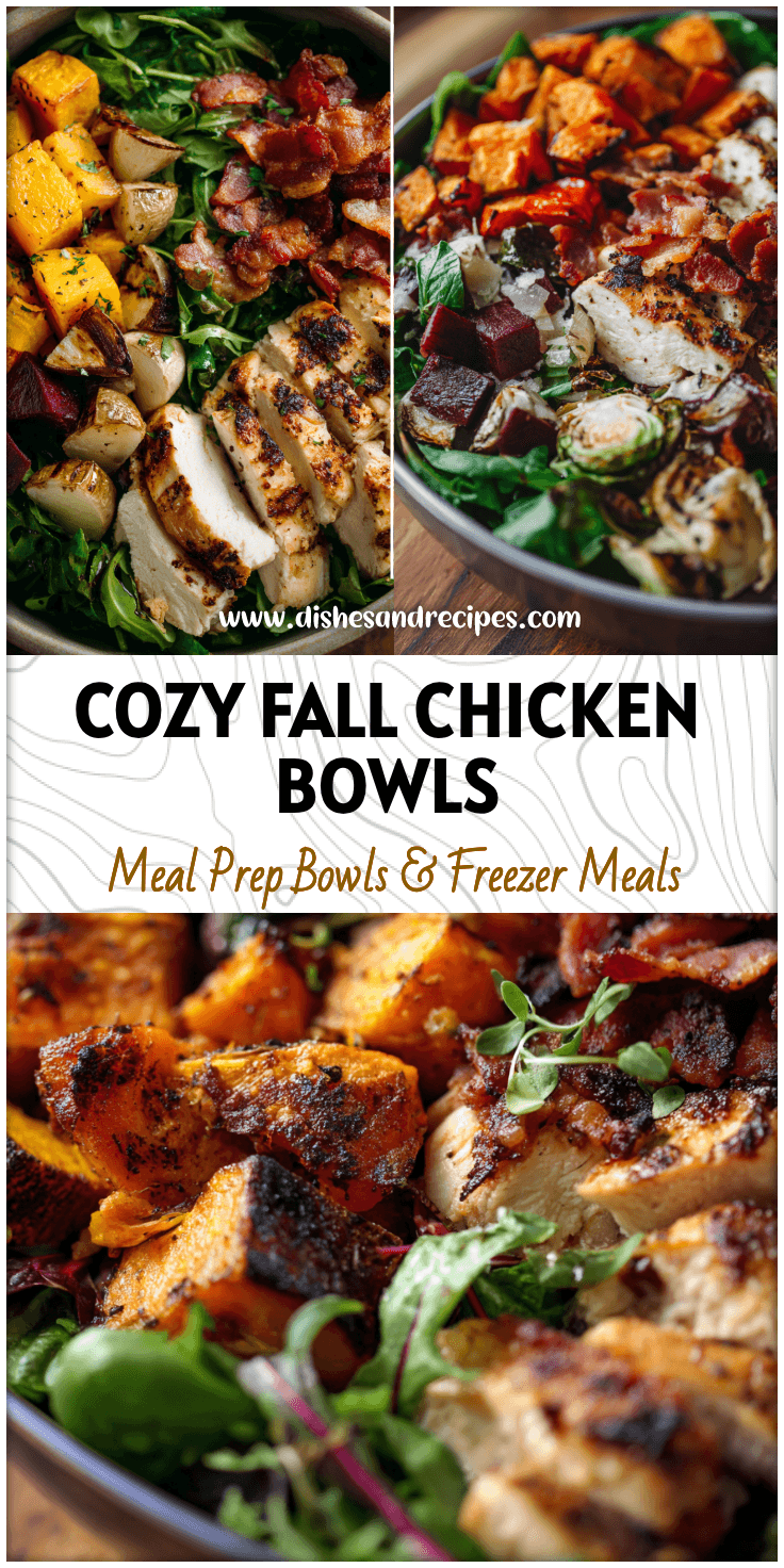 Colorful fall salad bowl with grilled chicken, roasted root vegetables, and crispy bacon on greens.