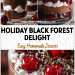 Close-up of a festive Black Forest Trifle showing chocolate layers, cherries, and whipped cream.