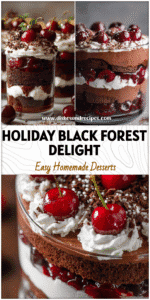 Close-up of a festive Black Forest Trifle showing chocolate layers, cherries, and whipped cream.