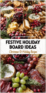 Festive holiday charcuterie board with baked brie, meats, cheeses, and holiday garnishes for Christmas gatherings