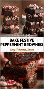 Stack of festive peppermint brownies with chocolate drizzle and candy cane bits for Holiday Desserts.