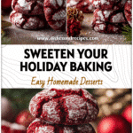 Festive Red Velvet Crinkle Cookies for Christmas Delights 5 Stack of red velvet crinkle cookies with powdered sugar beside Christmas decorations.