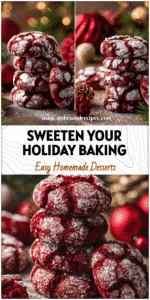 Stack of red velvet crinkle cookies with powdered sugar beside Christmas decorations.