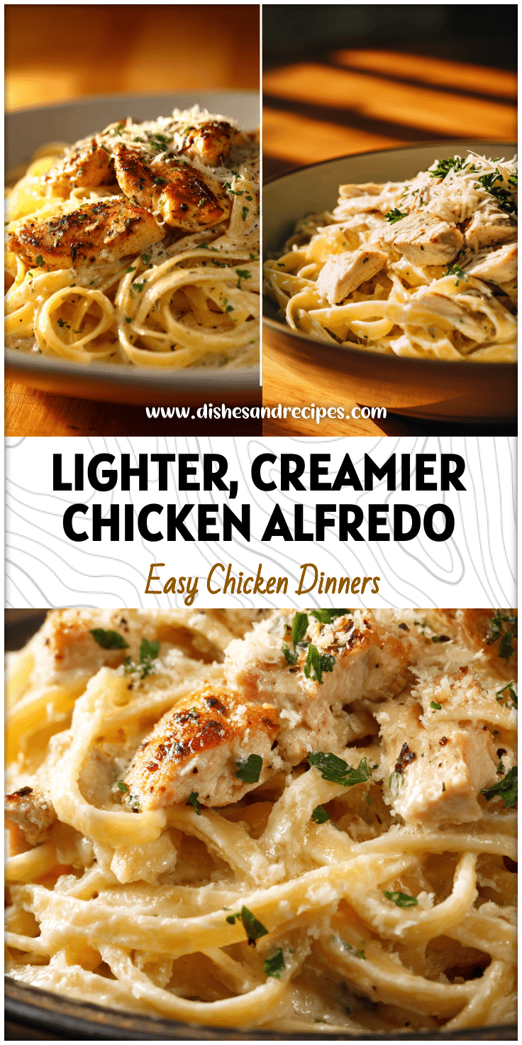 Plate of Fettucine Alfredo With Chicken topped with parmesan and parsley in warm lighting.
