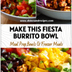 Fiesta Chicken and Avocado Burrito Bowl with colorful Tex Mex ingredients and fresh toppings in a bright serving bowl.