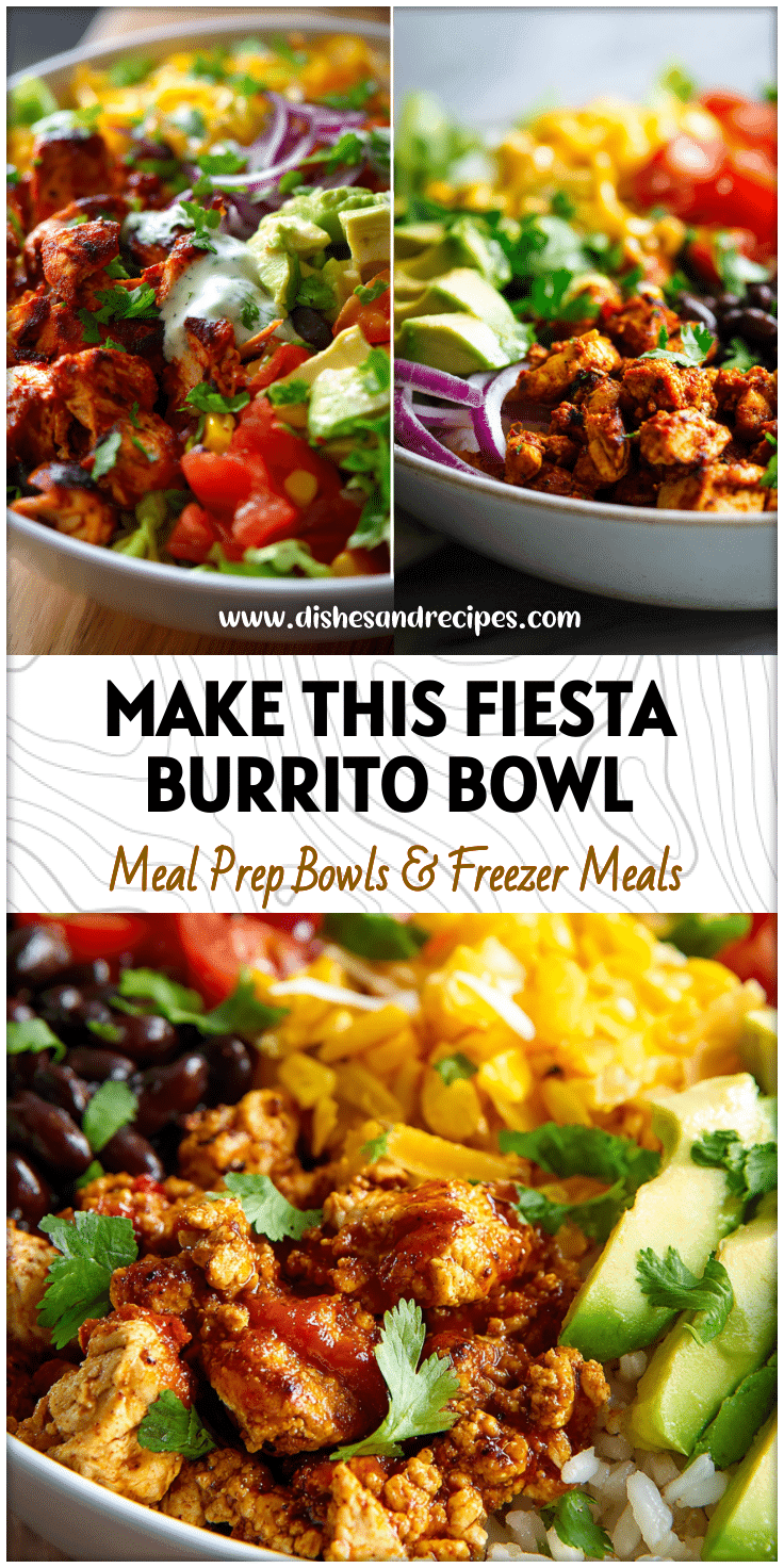 Fiesta Chicken and Avocado Burrito Bowl with colorful Tex Mex ingredients and fresh toppings in a bright serving bowl.