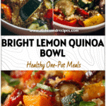 Colorful bowl of Vegetable Quinoa Salad With Lemon-basil Dressing filled with roasted veggies and quinoa for a Healthy Vegetable Quinoa Dish.