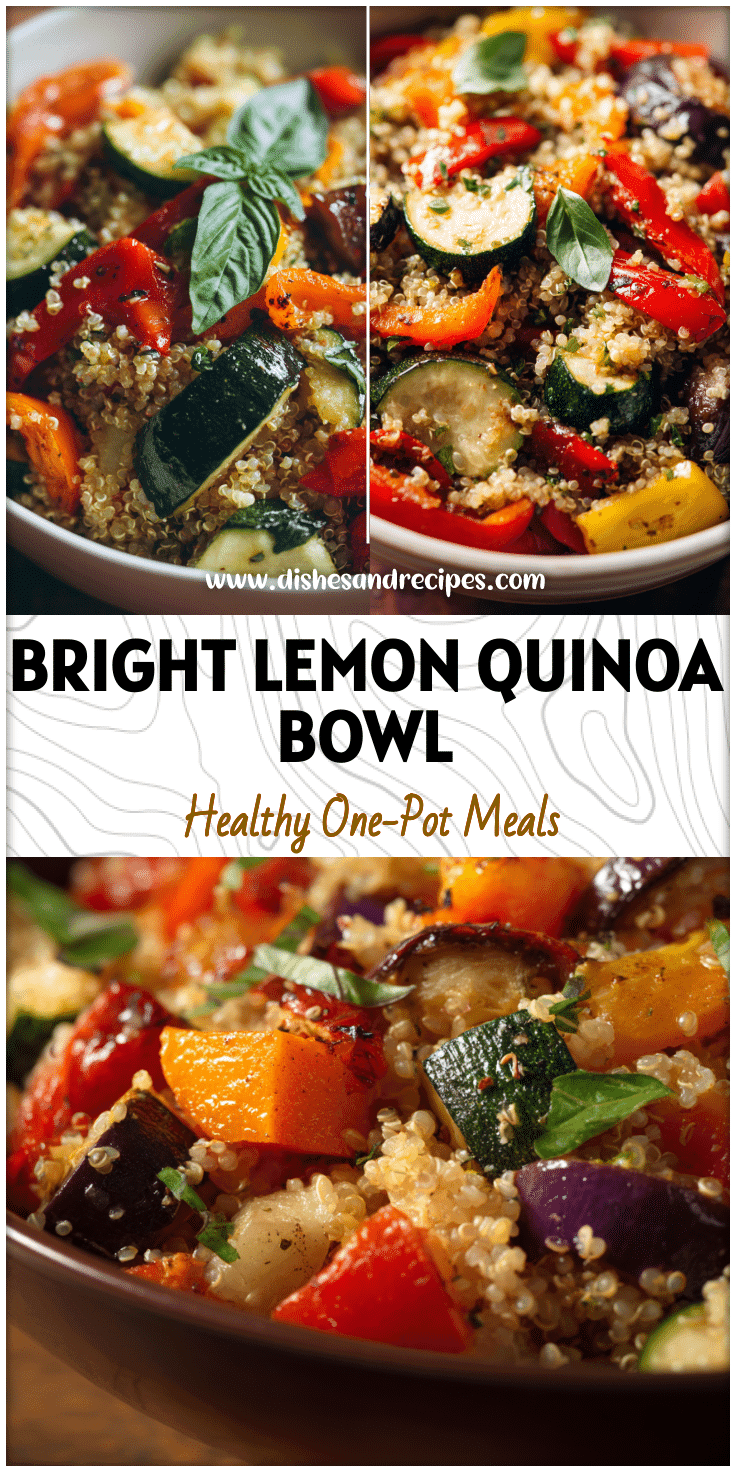 Colorful bowl of Vegetable Quinoa Salad With Lemon-basil Dressing filled with roasted veggies and quinoa for a Healthy Vegetable Quinoa Dish.
